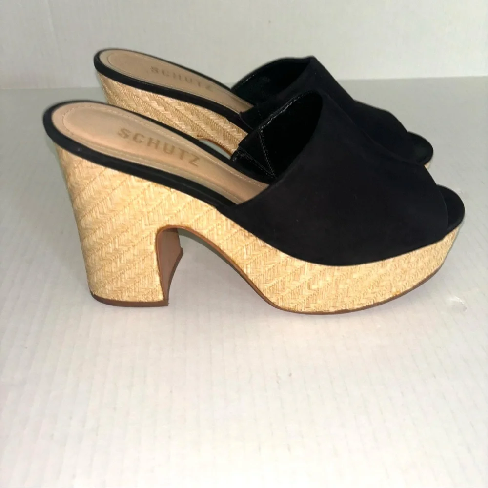 Schutz Tharley Black Suede Open-Toe Platform Block Heeled Mules Sandals Size 6.5